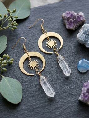 Gold Celestial Crescent Moon Sun Raw Clear Quartz Crystal Dangle Drop Earrings